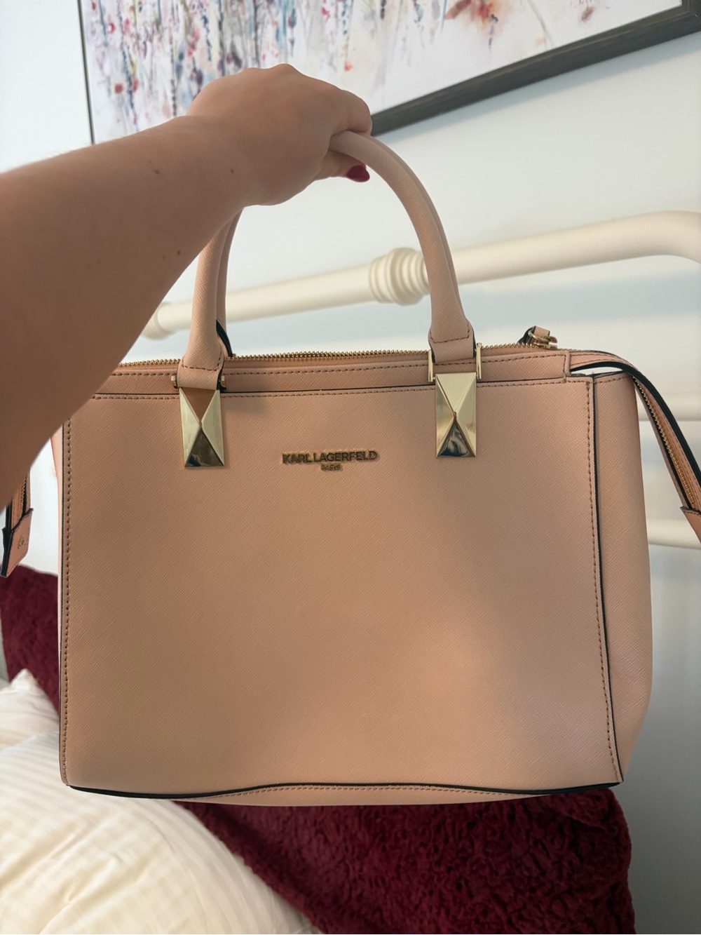 Karl Lagerfeld Blush Pink Structured Satchel with Gold Hardware